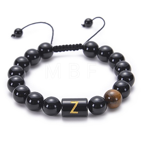 10MM Natural Black Onyx(Dyed & Heated) and Tiger Eye Alphabet Round Braided Bead Adjustable Bracelets for Women DM6424-26-1