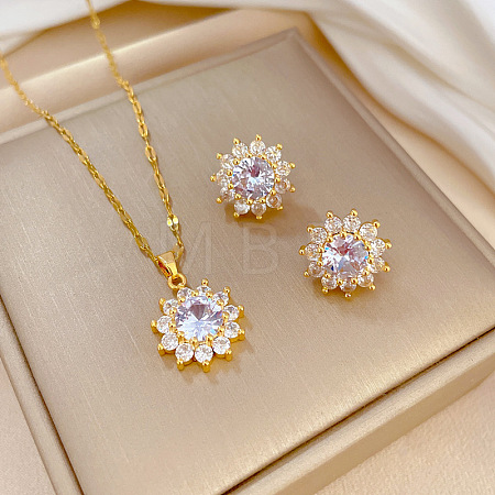 Brass Micro Pave Cubic Zirconia Pendant Necklace & Stud Earrings WG7AC39-24-1