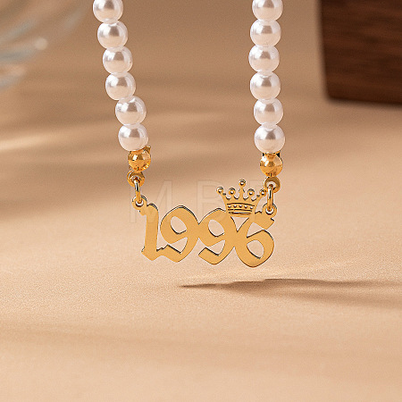 Alloy Crown Birth Year Pendant Imitation Pearl Round White Beaded Necklaces for Women FS-WG173C9-36-1