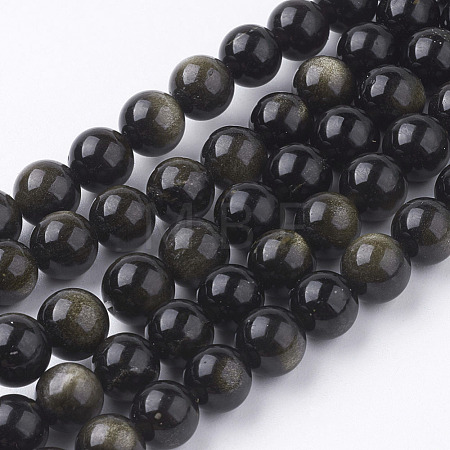 Natural Golden Sheen Obsidian Beads Strands X-G-C068-8mm-9-1