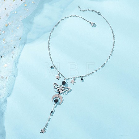 201 & 304 Stainless Steel Moon Star Butterfly Pendant Cable Chain Necklaces NJEW-TA00228-1