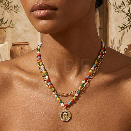 Boho Brass Crystal Rhinestone Religion Virgin Pendant Rainbow Glass Seed Beaded Double Layer Necklaces with Stainless Steel Paperclip Chains EI6810-1-1