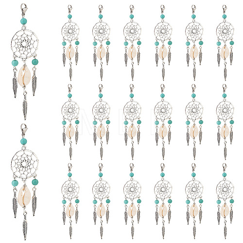   20Pcs Synthetic Turquoise Alloy Woven Net/Web with Feather Pendant Decorations HJEW-PH0001-69-1