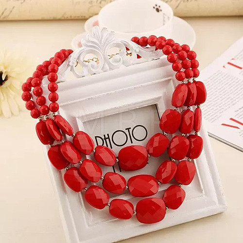 Bohemian Style Acrylic Faceted Rectangle Graduated Beaded 3 Layer Necklaces for Women WGBB337-03-1