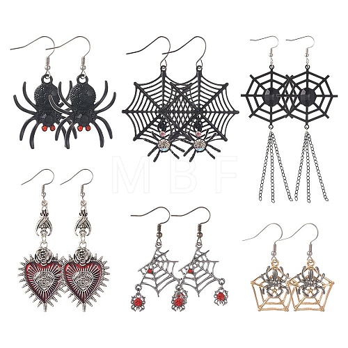 6 Pairs 6 Styles Halloween Spider Web & Heart with Evil Eye Alloy Enamel Dangle Earrings for Women EJEW-SC0001-37-1