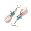 Starfish Brass with Synthetic Turquoise & Cowrie Shell Dangle Earrings EJEW-JE06141-01-4