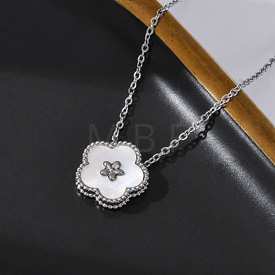 304 Stainless Steel Pave Natural White Shell Flower Pendant Necklaces for Women NJEW-U032-16P-03-1