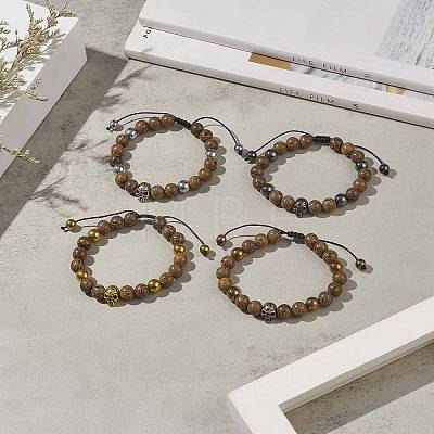 4Pcs 4 Color Natural Wood & Alloy Skull & Synthetic Hematite Braided Bead Bracelets Set BJEW-JB09214-1