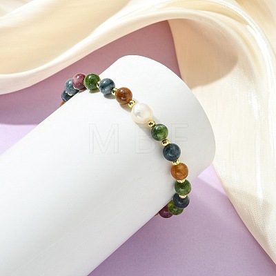 Natural Green Jade Imitation Tourmaline & Freshwater Pearl & Brass Round Beaded Bracelets for Women BJEW-JB13931-1