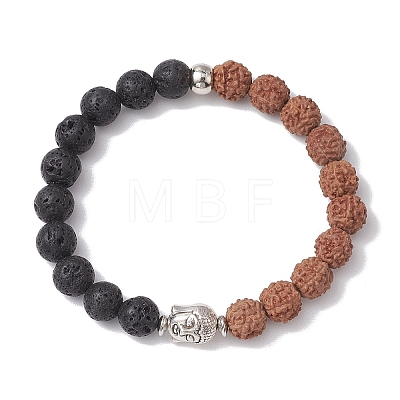 Round Natural Lava Rock & Natural Rudraksha Beaded Stretch Bracelets BJEW-TA00527-1