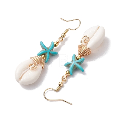 Starfish Brass with Synthetic Turquoise & Cowrie Shell Dangle Earrings EJEW-JE06141-01-1