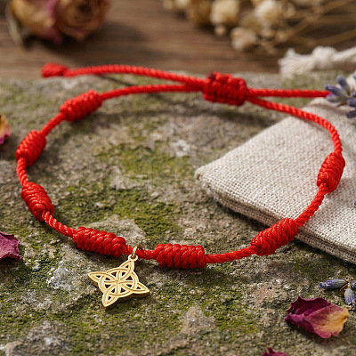 Adjustable Handmade Red String Braided Bracelets with Stainless Steel Chinese Knot Charms NM6573-1-1