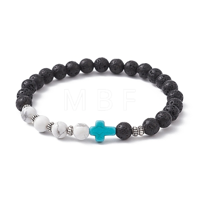 Cross Synthetic Turquoise & Natural Howlite & Lava Rock Beaded Stretch Bracelet BJEW-JB09765-02-1