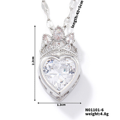 Fashionable Brass Cubic Zirconia Crown Heart-Shaped Pendant Dapped Chain Necklaces for Women SM2288-6-1