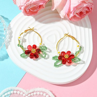 Woven Glass Flower Huggie Hoop Earring EJEW-MZ00235-02-1