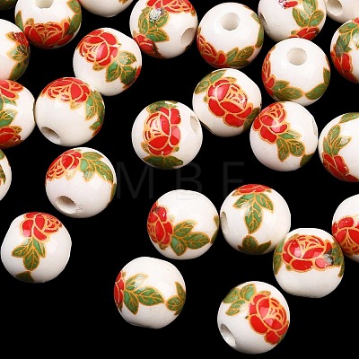 Floral Printed Porcelain Beads PORC-Q199-10mm-15-1