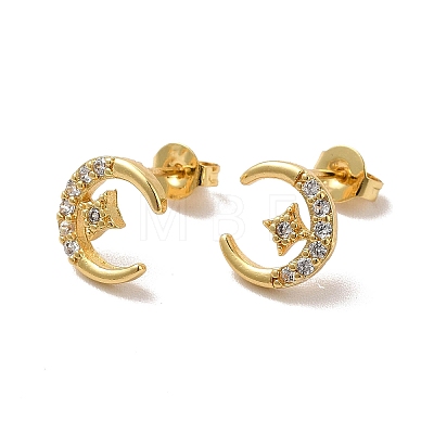 Clear Cubic Zirconia Moon with Star Stud Earrings EJEW-F301-07-1