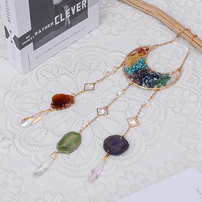 Natural & Synthetic Mixed Stone Chip Wire Wrapped Moon Hanging Ornaments PW-WG49321-01-1