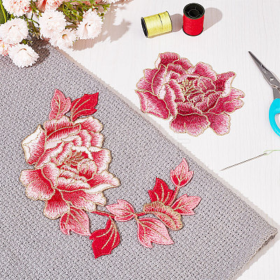  2Pcs 2 Style Peony Polyester Embroidery Sew on Clothing Patches PATC-NB0001-11D-1