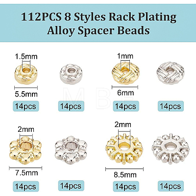 112Pcs 8 Styles Rack Plating Alloy Spacer Beads KK-BC0008-47-1