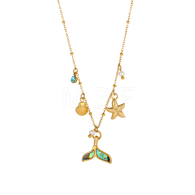 Starfish Shell Shape 304 Stainless Steel Cubic Zirconia Pendant Necklaces STAS-OY010-07G-1