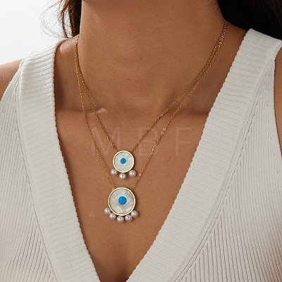 304 Stainless Steel Acrylic Blue Evil Eye Pendant Double Layer Necklaces for Women WG0980E-01-1
