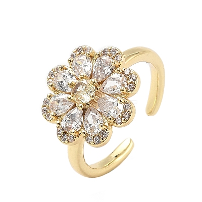 Flower Brass Micro Pave Cubic Zirconia Cuff Rings for Women RJEW-A069-01B-G-1