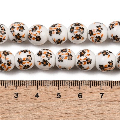 Handmade Flower Printed Porcelain Ceramic Beads Strands PORC-M007-10mm-04-1
