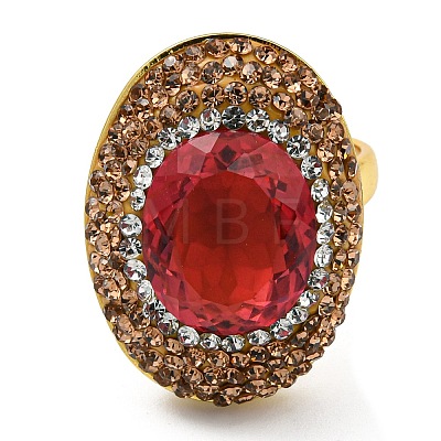 Red Glass Oval Adjustable Ring with Rhinestone RJEW-D005-03G-1