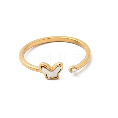 304 Stainless Steel & Natural Shell & Imitation Pearl Cuff Rings for Women RJEW-G372-01G-04-1