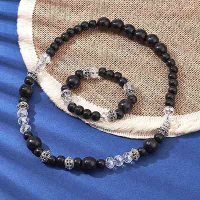 Natural Wood & Glass Beaded Necklaces and Stretch Bracelet SJEW-JS01286-1