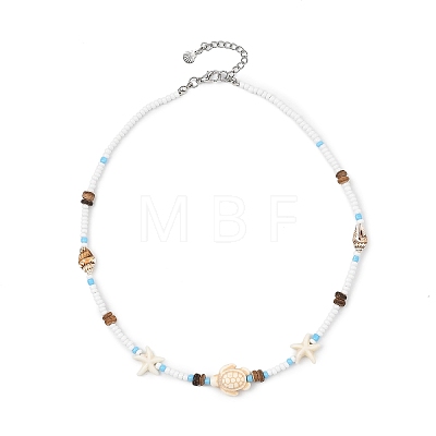 Boho Sea Turtle & Starfish Shell & Synthetic Turquoise Beaded Necklaces NJEW-JN06015-1