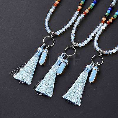 Opalite Bullet & Tassel Pendant Necklace with Mixed Gemstone Beaded Chains NJEW-E585-02F-1