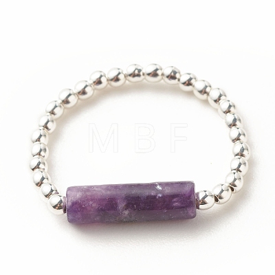 Natural Lilac Jade Column Beaded Finger Ring with Synthetic Hematite RJEW-JR00461-04-1