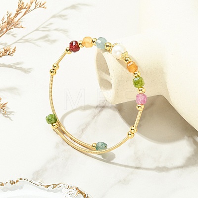 Natural Tourmaline & Freshwater Pearl Beaded Copper French Wired Cuff Bangles for Women BJEW-JB13987-01-1