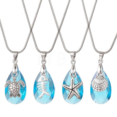 Ocean Alloy Sea Animal and Faceted Glass Teardrop Pendant Brass Round Snake Chain Necklaces for Women NJEW-JN05915-02-1