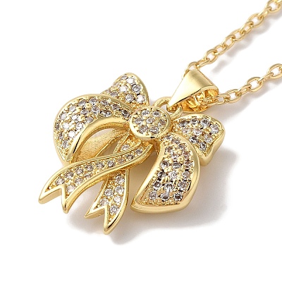 Brass Micro Pave Clear Cubic Zirconia Cable Chain Bowknot Pendant Necklaces for Women NJEW-C054-02B-G-1