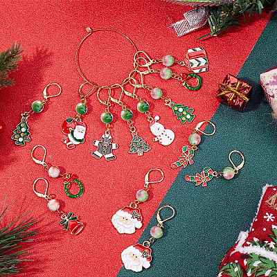 24Pcs 12 Style Christmas Theme Alloy Enamel Pendant Locking Stitch Markers HJEW-SC00006-1