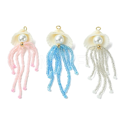 3Pcs 3 Colors Natural Clam Shell & Glass Pearl & Glass Seed Beaded Big Pendants PALLOY-MZ00298-1