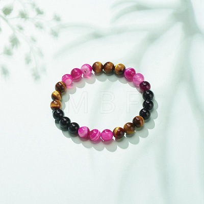 Natural Agate & Tiger Eye(Dyed & Heated) & Black Onyx Round Beaded Stretch Bracelet BJEW-JB08400-01-1