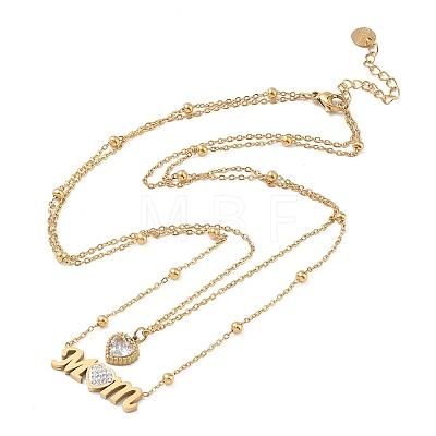 Mother's Day Double Layer 304 Stainless Steel Pave Clear Cubic Zirconia Word Mom Heart Pendant Necklaces for Women NJEW-L015-02G-1
