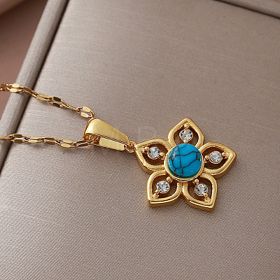 Vintage 304 Stainless Steel & Synthetic Turquoise Flower Pendant Necklaces with Crystal Rhinestone for Women RQ4537-1