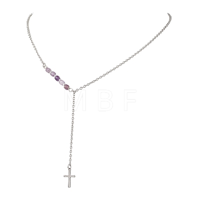 Natural & Synthetic Mixed Stone Faceted Cube Beads & 304 Stainless Steel Cable Chain Tassel Cross Pendant Necklaces NJEW-JN05845-1