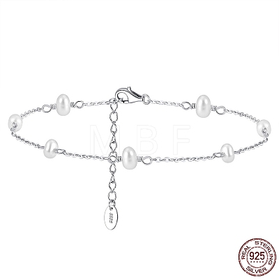 Rhodium Plated 925 Sterling Silver Cable Chain Anklet with Oval Natural Freshwater Pearls for Women AJEW-F162-003P-1