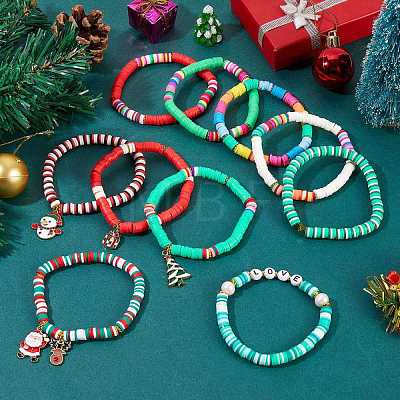 10Pcs 10 Styles Polymer Clay Heishi Beaded Stretch Bracelet Sets for Christmas BJEW-JB06128-1