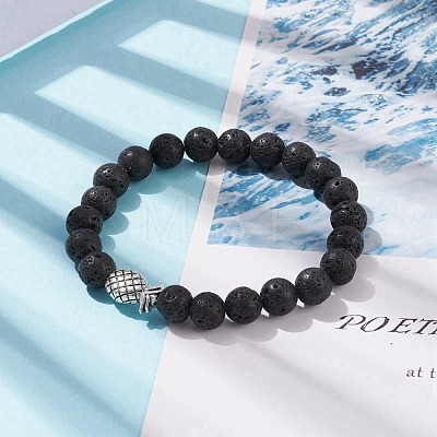 Natural Lava Rock Round Beaded Stretch Bracelet with Alloy Pineapple BJEW-JB08299-1