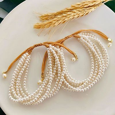 Adjustable Round Shell Pearl Multi-Strand Braided Bead Bracelets for Women WG86BBB-01-1