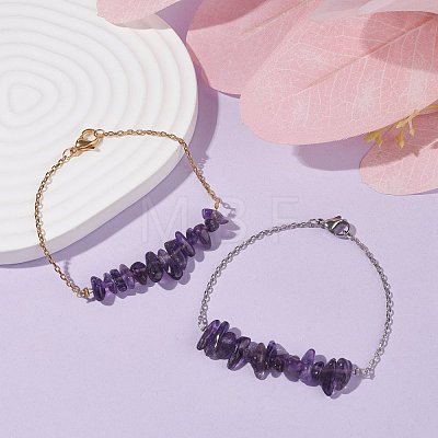 2Pcs 2 Color Natural Amethyst Chip Beaded Link Bracelets Set with 304 Stainless Steel Cable Chains BJEW-JB07914-03-1