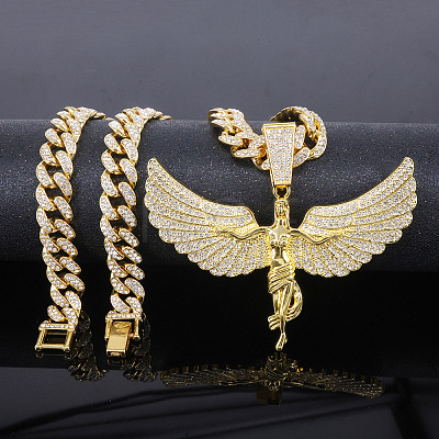 Zinc Alloy Full Crystal Rhinestone Goddess with Angel Wings Pendant Cuban Link Chain Necklaces for Women FS-WGAC8C0-01-1