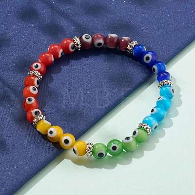 Rainbow Round Evil Eye Lampwork Stretch Beaded Bracelets for Kids X-BJEW-JB05940-1